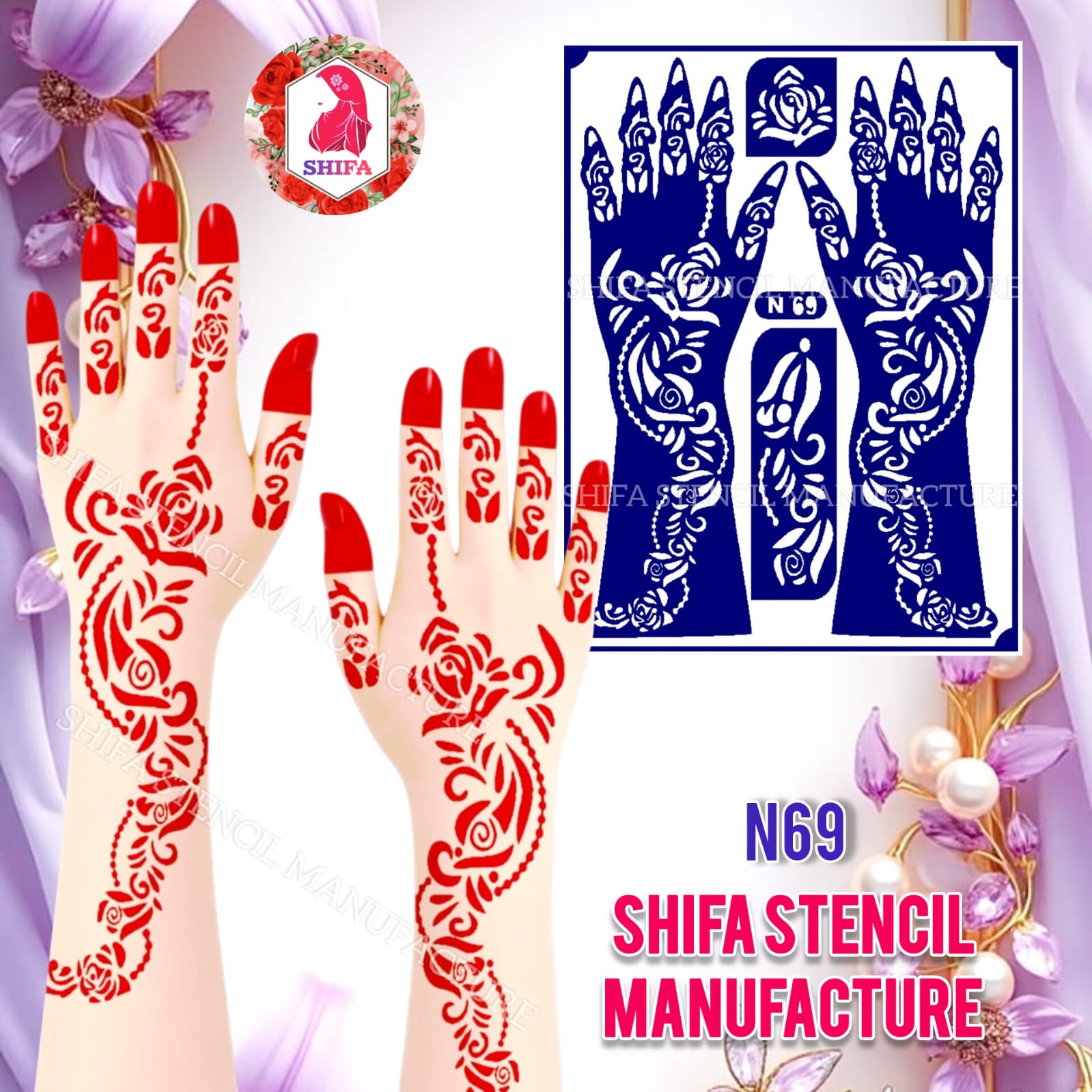 N69 – Royal Rose Trail Sticker Overview Henna Stencil - Shifa Stencil